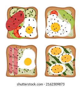 Set of vector toasts and sandwiches. Slices of bread with egg, avocado, fish, cucumber, tomatoes. vector illustration in force flat