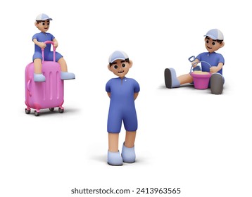 Set of vector toddlers for creative children design. Kids recreation concept. Family trips. Boy sits on suitcase, stands and smiles, plays in sand. Isolated illustrations