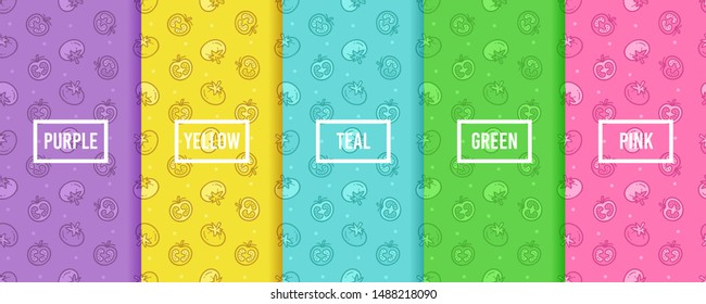 Set of vector tomato vegetable seamless pattern, collection of bright colorful background and texture with modern label. Purple, yellow, teal, green and pink color option of banana motif.