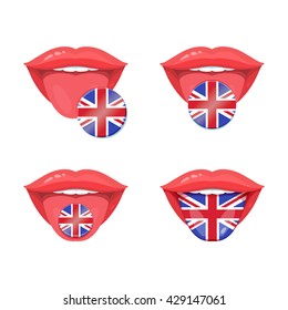 Set of of vector tongues with britain, english flags. English flag badges. 