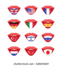 Set of vector tongues with flags of different countries. German, Russian, Italian, French, Israeli, Spanish, Chinese, Turkish, Japanese, Netherlands international flag icons. Language concept.