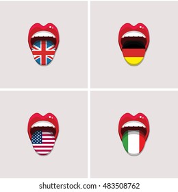 Set of vector tongues with flags of different countries. English, German, Italian, USA vector international flag icons. Language concept. Vector illustration. EPS 10