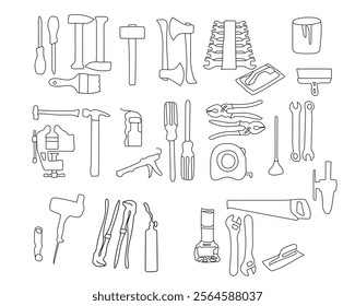 Set of Vector tool big collection. Work tool for repair, painter, builder. Isolated vector illustration in clip art style. Featuring Materials for Various Industry , architecture, engineering.