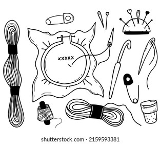 Set Of Vector Tools For Embroidery. Skein Of Yarn And Floss, Thread And Spool, Hand Knitting, Pin And Needle, Hook And Hoop With Embroidery, Thimble. Needlework, Handwork, Hobby. Doodle Linear