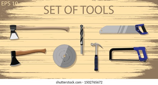 Set of vector tools, wood hacksaw, metal hacksaw, circular saw disc, axe, cleaver, drill, carpenter's hammer.