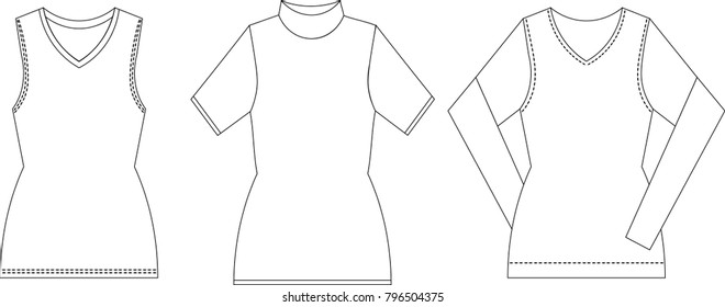 Set of vector tops tshirts longsleeves mockup template. Clothes items shirts