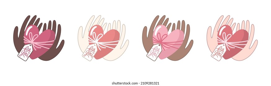 Set von Vektorgrafiken für den Valentinstag. Hört in den Händen verschiedener Gruppen von Menschen auf weißem Hintergrund. Kreative Grußkarte mit handgezeichneten dekorativen Elementen.
