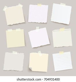 Set of vector torn note papers with adhesive tape.