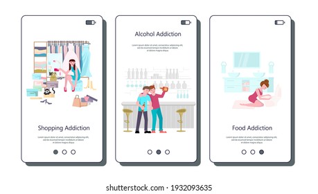 Set of vector touch screen for unhealthy addiction lifestyle, alcoholism, nicotine addiction, game and food addiction. Flat Art Vector illustration