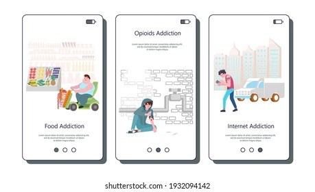 Set of vector touch screen for unhealthy addiction lifestyle, alcoholism, nicotine addiction, game and food addiction. Flat Art Vector illustration