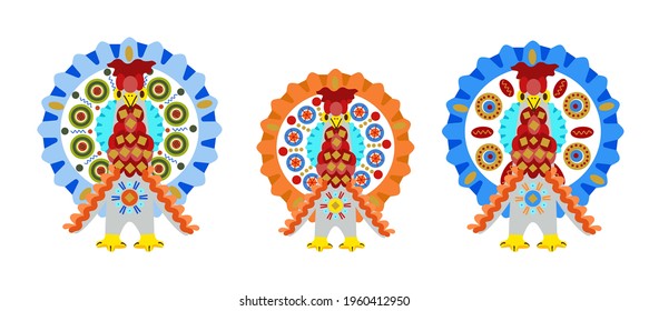 Conjunto de pavos vectoriales de juguete con patrón en el ornamento nacional ruso Dymkovo aislado en fondo blanco.Colección de juguetes Kirov. Ilustración en el estilo de la caricatura de poo.Maslenitsa rusa