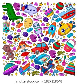 Set of vector toys for little children. Ufo, submarine. Cartoon dinosaur. Kindergarten kids.