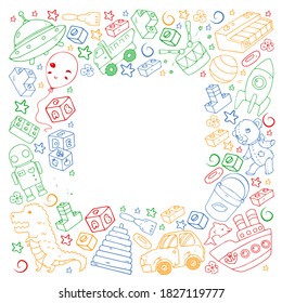 Set of vector toys for little children. Ufo, submarine. Cartoon dinosaur. Kindergarten kids.