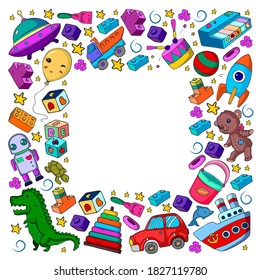 Set of vector toys for little children. Ufo, submarine. Cartoon dinosaur. Kindergarten kids.
