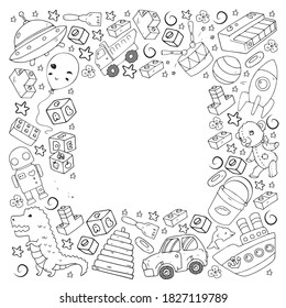 Set of vector toys for little children. Ufo, submarine. Cartoon dinosaur. Kindergarten kids.