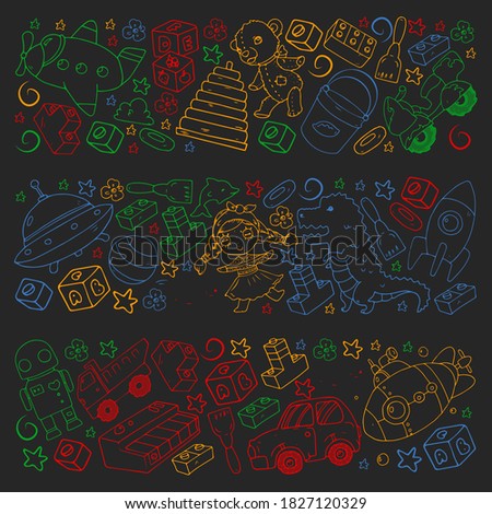 Set of vector toys for little children. Ufo, submarine. Cartoon dinosaur. Kindergarten kids.