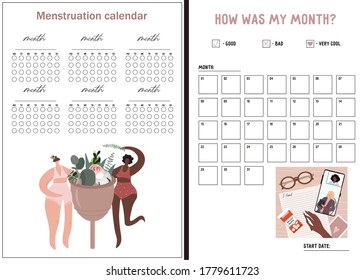 Set of vector tracker and vector calendar for women. Menstruation calendar with menstrual cup, flowers and women in underwear. Monthly mood tracker with flat illustration about mental health.