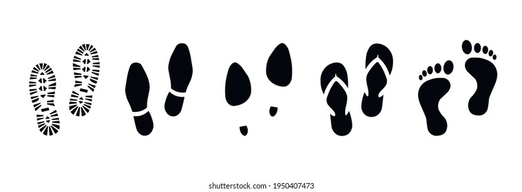 Set Of Vector Tracks. Traces From Shoes, From Bare Feet, Heel. Human Trails On An Isolated Transparent Background. PNG.