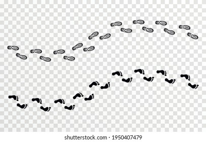 Set Of Vector Tracks. Traces From Shoes, From Bare Feet, Heel. Human Trails On An Isolated Transparent Background. PNG.