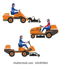 Set Of Vector Tractors, Riding Lawn Mower.