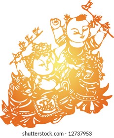 Set of Vector from Traditional Chinese Paper-cut, very popular in North-West China, for celebration of Spring Festival or Wedding