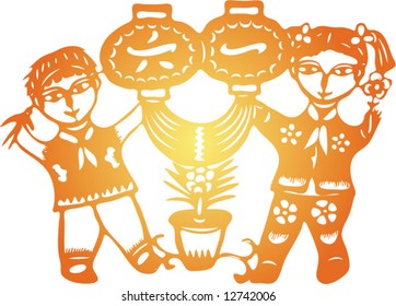 Set of Vector from Traditional Chinese Paper-cut, very popular in North-West China, for celebration of Spring Festival or Wedding