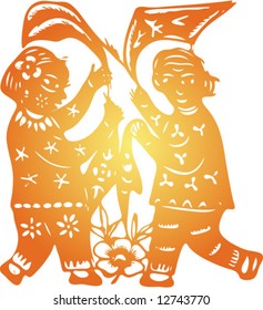 Set of Vector from Traditional Chinese Paper-cut, very popular in North-West China, for celebration of Spring Festival or Wedding