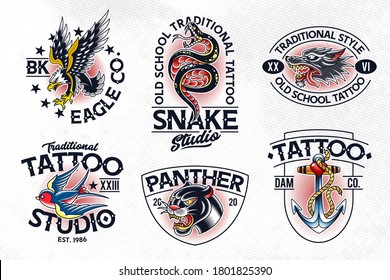 Conjunto de emblemas de estilo de tatuajes tradicionales vectoriales. Plantillas de logotipo de tatuajes de la vieja escuela. Ideal para el diseño de estudios de tatuajes, impresiones de camisetas, pegatinas, etc. Imágenes vectoriales EPS10.