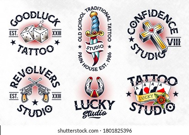 Set of vector traditional tattoo style emblems. Old school tattoo logo templates. Great for tattoo studio design, t-shirt prints, stickers and etc. EPS10 vector illustrations.