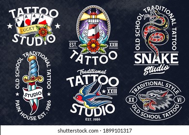 Set of vector traditional tattoo style emblems. Old school tattoo logo templates. Great for tattoo studio design, t-shirt prints, stickers and etc. EPS10 vector illustrations.