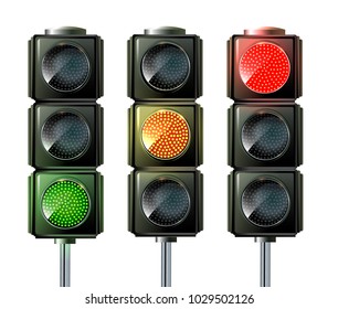 Set of Vector Traffic Lights isolated on white. Traffic light sequence vector. Red, yellow, green lights - Go, wait, stop.