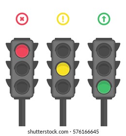 Set of vector traffic lights isolated on white background. Red, yellow, green lights - go, wait, stop. EPS 10.
