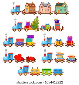 Set of vector trains with lots of different things in trailers - houses, presents, books, hearts. cases. Travelling by railway. Cute cartoon transport illustration. Moving house. Bring love