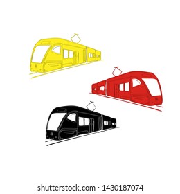 Set of vector trains or tram in red, black and yellow colors. isolated on white. 