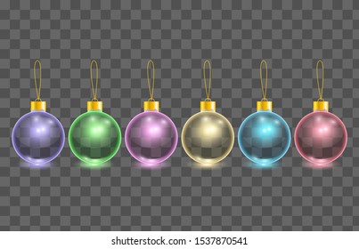set of vector transparent color glass christmas tree balls isolated on checkered background. 3D illustration.