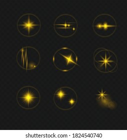 Set of vector transparent flash light effect, sunlight special lens. Bright gold flashes and glares