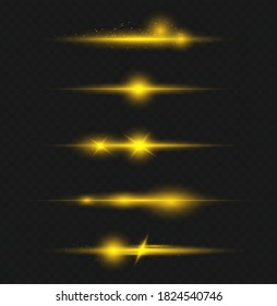 Set of vector transparent flash light effect, sunlight special lens. Bright gold flashes and glares