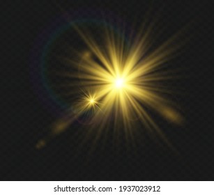 Set of vector transparent flash light effect; sunlight special lens. Bright gold flashes and glares