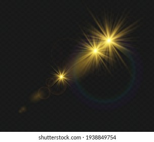Set of vector transparent flash light effect; sunlight special lens. Bright gold flashes and glares
