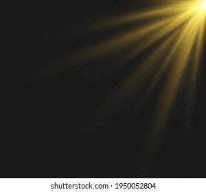 Set of vector transparent flash light effect; sunlight special lens. Bright gold flashes and glares