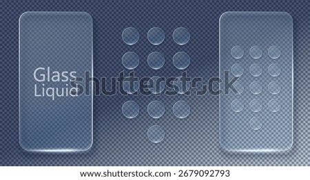 Set Vector Transparent Glass Buttons. UI UX Glass Screen of Mobile Device. Smartphone Interface Design. Collection Design Elements for Application Phone, Game Menu and Website. Transparent Background