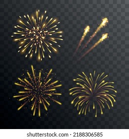 Set of vector transparent gold fireworks - celebration decorative effects