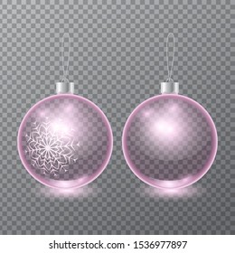 set of vector transparent pink glass christmas tree balls with painted snowflake isolated on checkered background. 3D illustration.