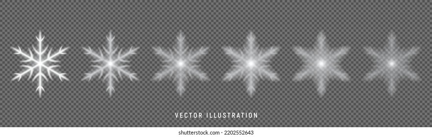 Set of vector transparent snowflakes. Vector illustration with transparent snowflakes isolated on checkered background. Winter decoration symbols.