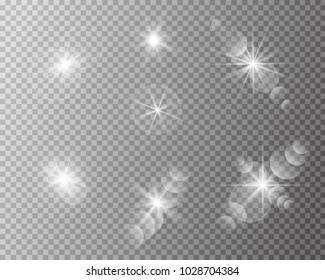 Set of vector transparent sun flash with rays and spotligh. Sunlight special lens flare light effect. Abstract texture for your design and business.