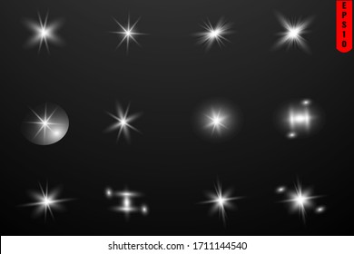 Set of vector transparent sunlight special lens flash light effect. Sunburst with rays and spotlight