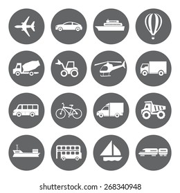 Satz von Vektorgrafiken für den Transport im flachen Stil, weiß auf grauem Hintergrund