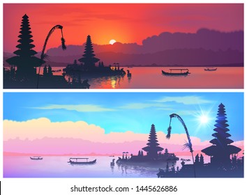 Set of vector travel banners with balinese landscapes of traditional Bali temple silhouettes and fisherman boats on sunset and sunrise sky background