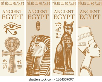 Set of vector travel banners with images of Coptic Ankh Cross, Tutankhamun, goddess Bastet and Nefertiti. Advertising posters or flyers for travel agency with Egyptian symbols and words Ancient Egypt