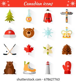 Set of vector travel Canadian web icons. Collection of famous symbols and design elements.